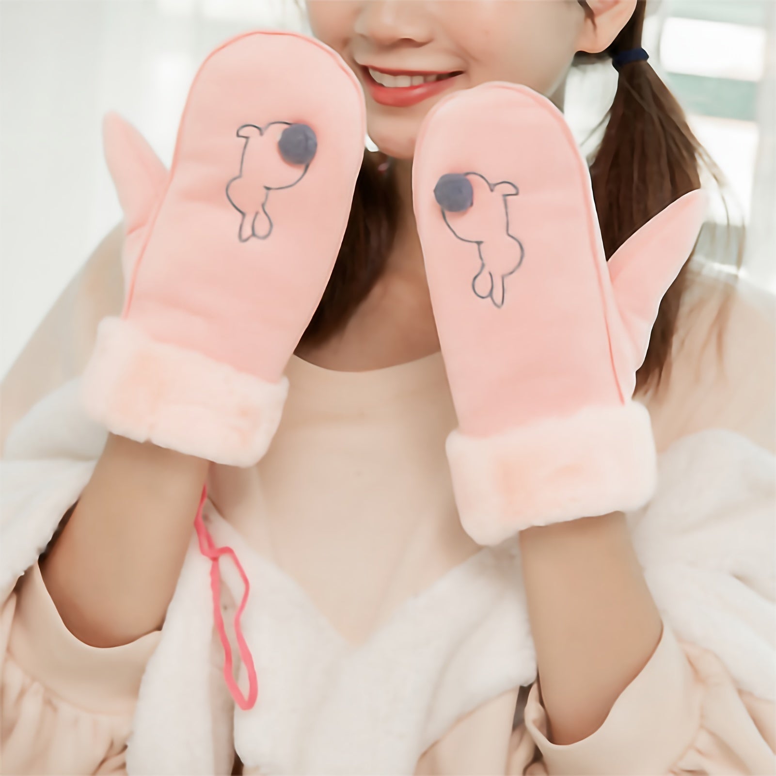 Plush Cuff Mittens Cute Cartoon Embroidered Gloves Winter Thick Warm Hanging Neck Gloves For Women